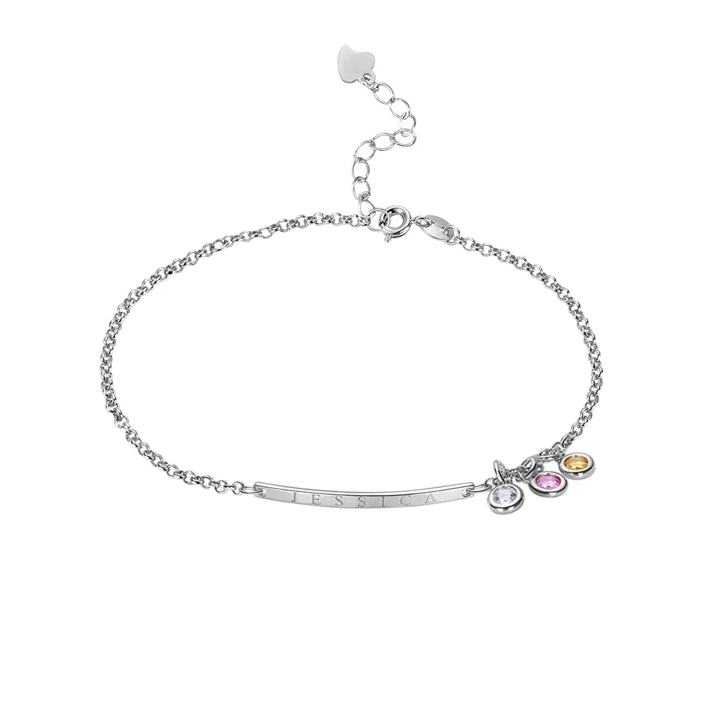 Custom Birthstone Bracelet For Mom | Dainty birthstone bracelet with engraved text bar