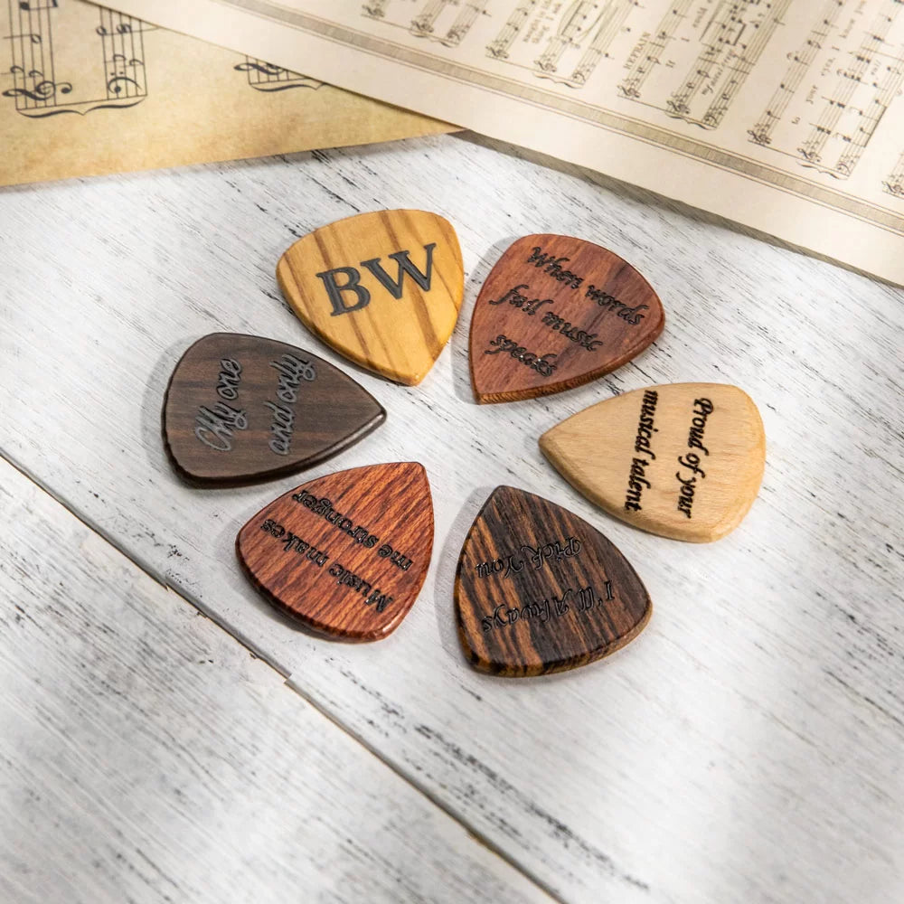 Personalized Wood Guitar Pick with Leather Guitar Shaped Case | Birthday gifts for guitar players