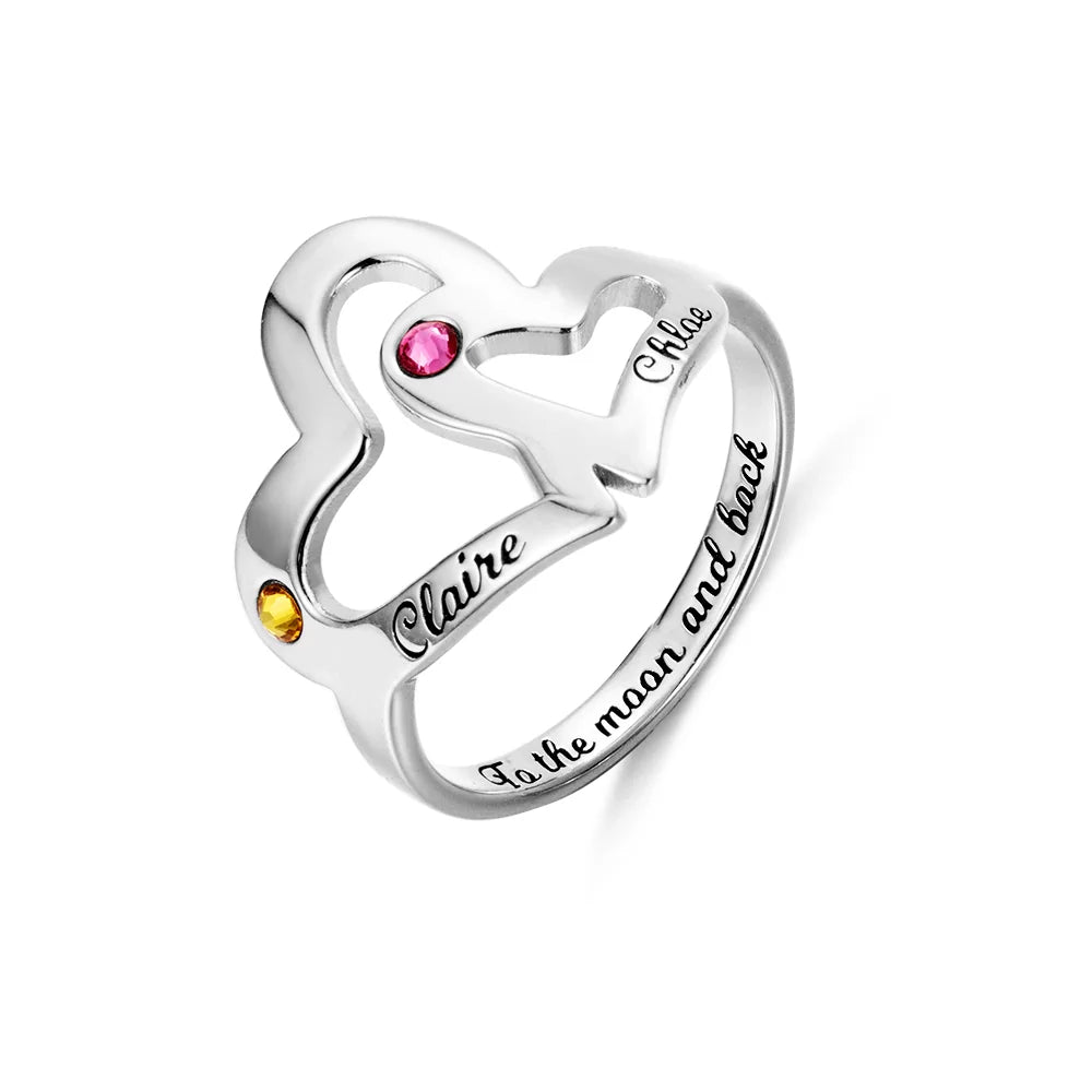 Custom mother daughter ring | 925 sterling silver birthstone double heart ring