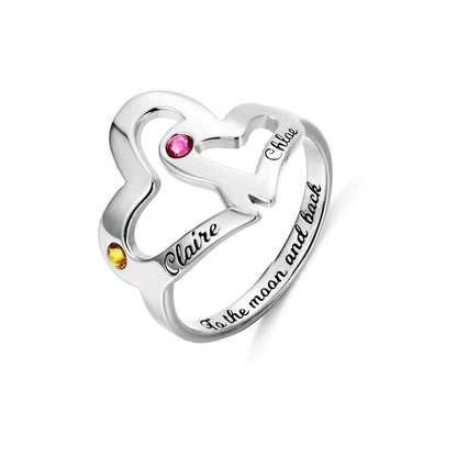 Custom mother daughter ring | 925 sterling silver birthstone double heart ring