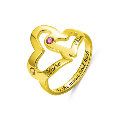 Custom mother daughter ring | 925 sterling silver birthstone double heart ring