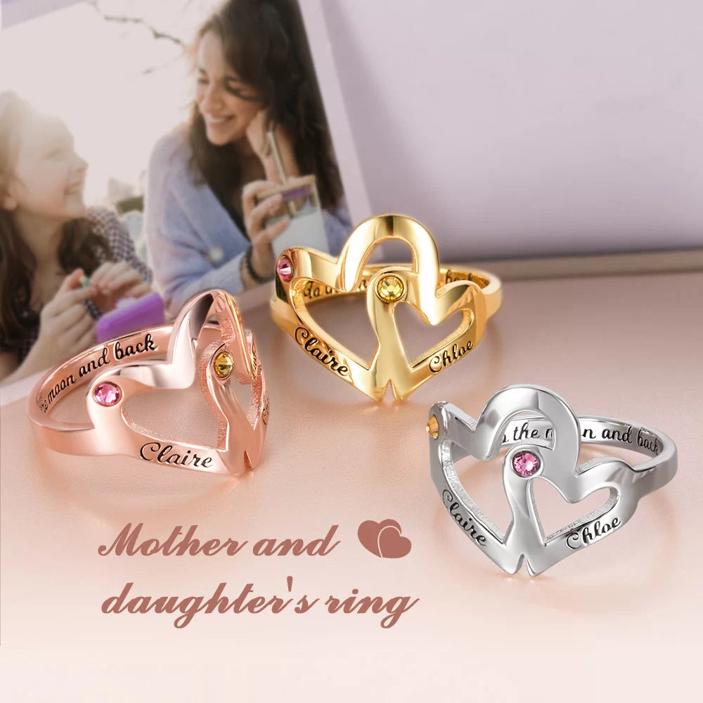 Custom mother daughter ring | 925 sterling silver birthstone double heart ring