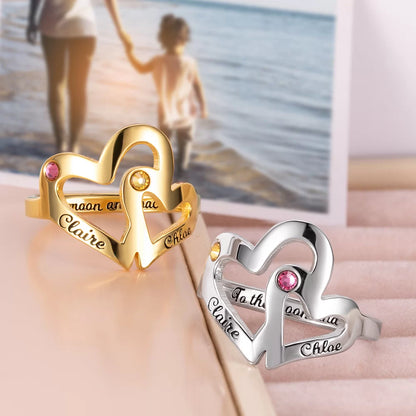 Custom mother daughter ring | 925 sterling silver birthstone double heart ring