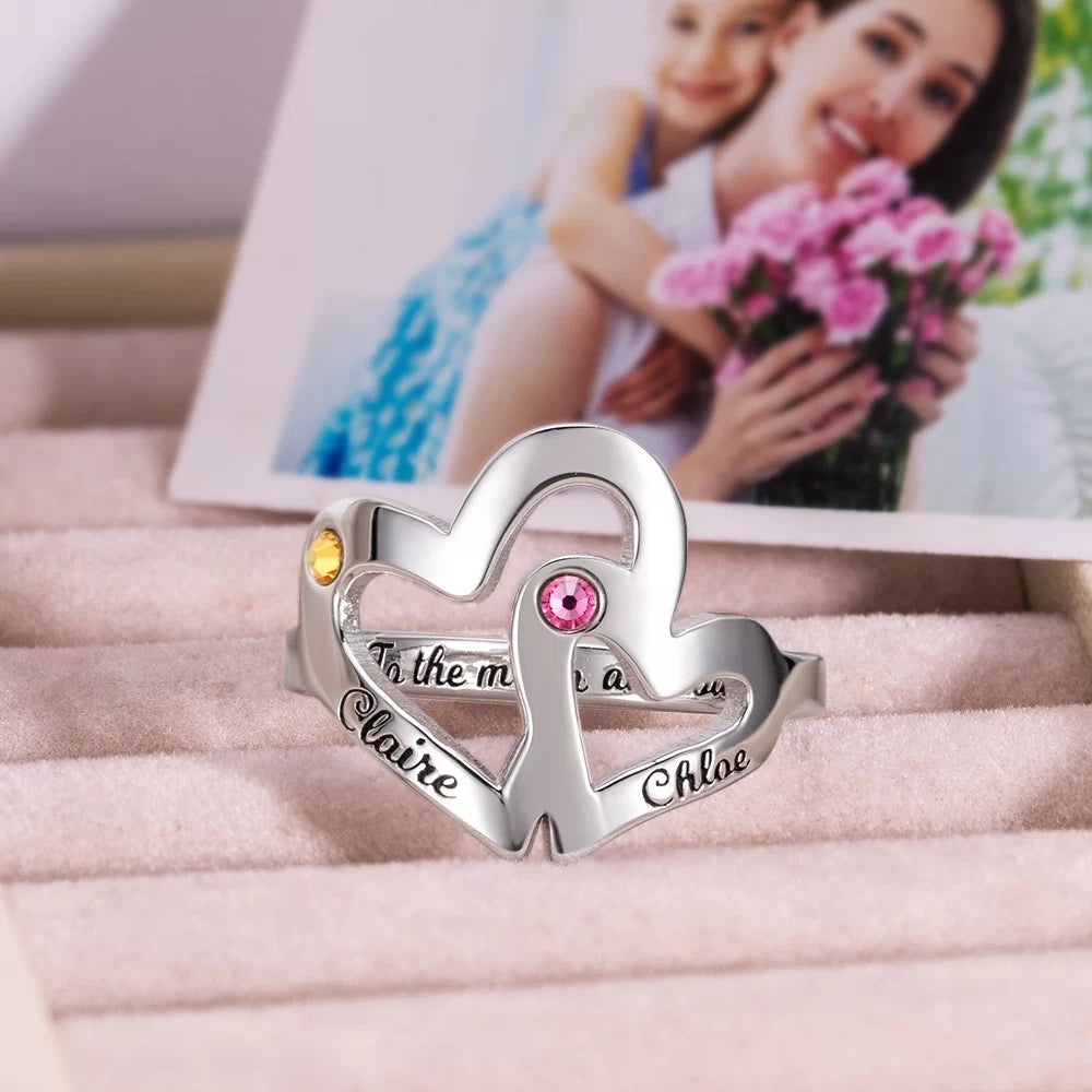 Custom mother daughter ring | 925 sterling silver birthstone double heart ring