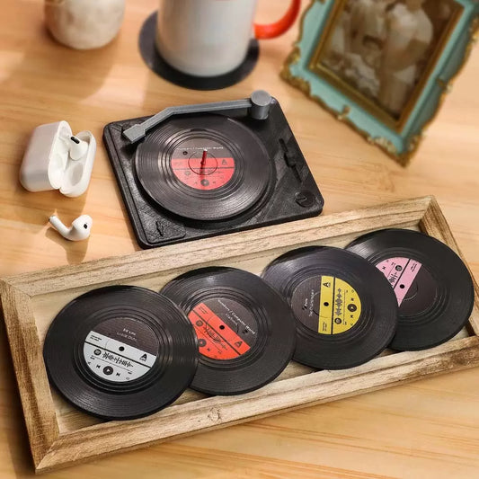 Vinyl record coasters | Set of 4 personalized gifts coasters & turnable holder