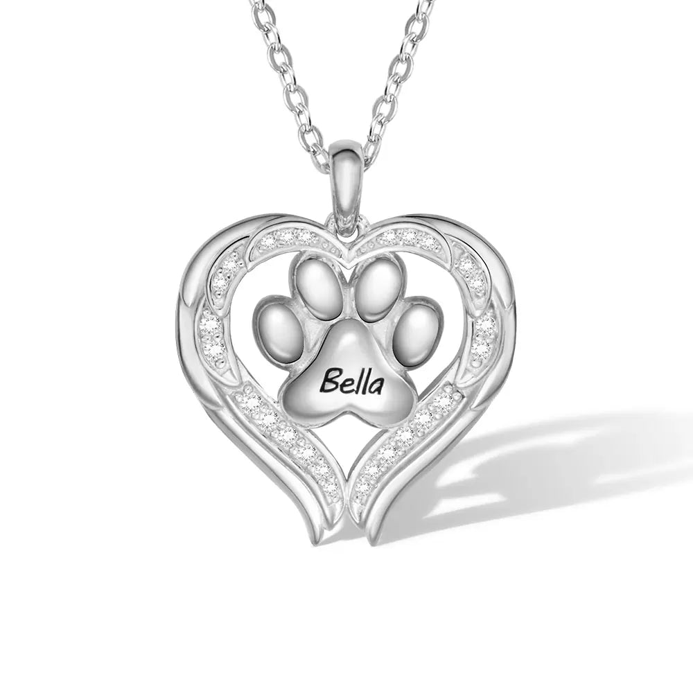 Custom Paw Print With Angel Wings Necklace