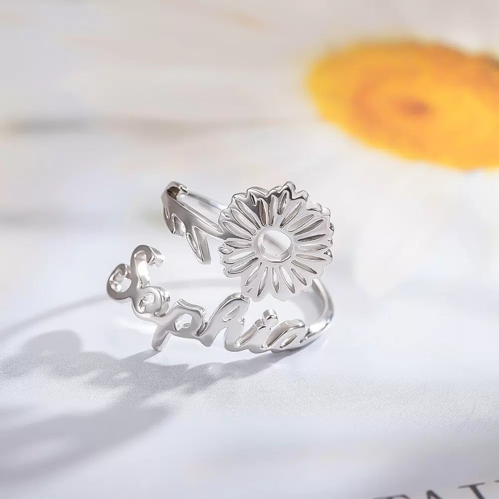 Custom birth flower ring with name