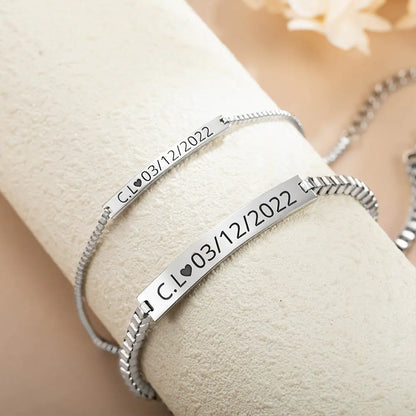 Personalized couple bracelets | Set of 2 Minimalist Bar Matching Silver bracelets