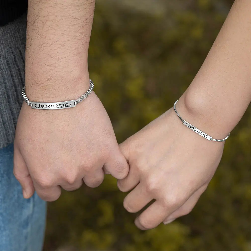 Personalized couple bracelets | Set of 2 Minimalist Bar Matching Silver bracelets