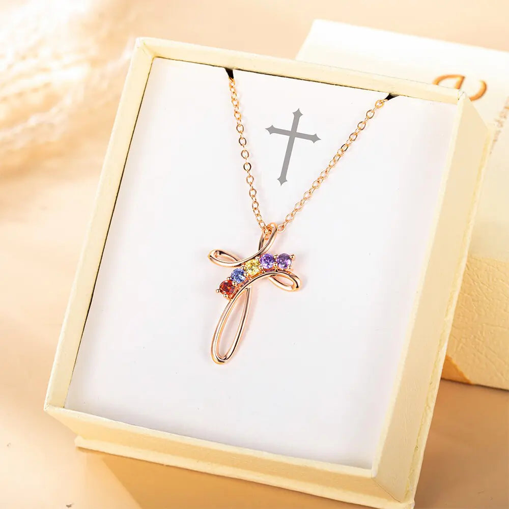 Custom Family Birthstone Cross Necklace | Family birthstone jewelry