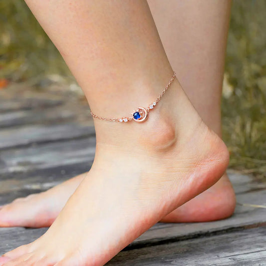 Crescent Moon Sun Star Anklet, Custom Birthstone Anklet |Personalized ankle bracelets