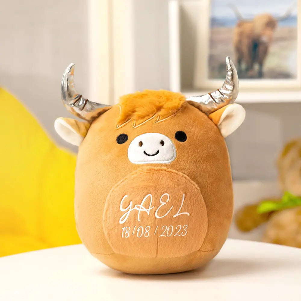 Custom name Highland cow plush toy| Soft Brown Fluffy Cow Plushies| Cow Bedroom Decor