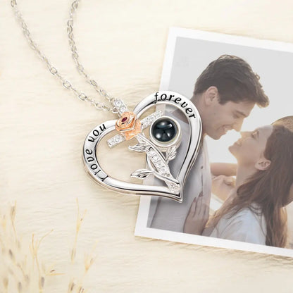 Custom projection cross and rose heart necklace | I Love You in 100 Languages