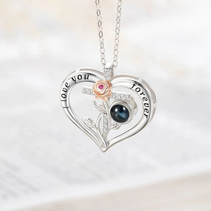 Custom projection cross and rose heart necklace | I Love You in 100 Languages