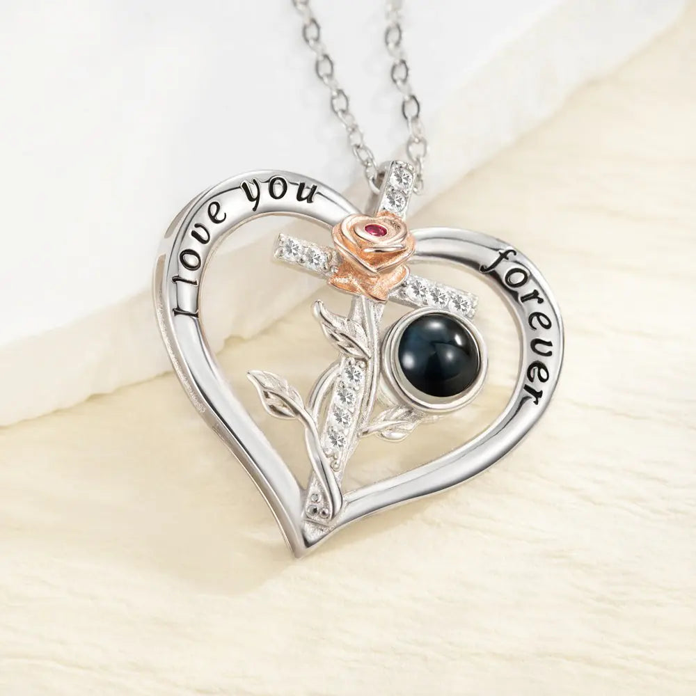 Custom projection cross and rose heart necklace | I Love You in 100 Languages