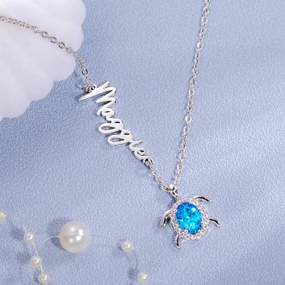 Custom Sideways Name Sea Turtle birthstone necklaces | Sterling Silver 925 turtle charm necklace