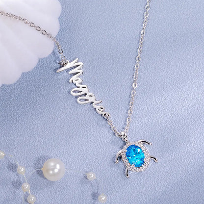 Custom Sideways Name Sea Turtle birthstone necklaces | Sterling Silver 925 turtle charm necklace