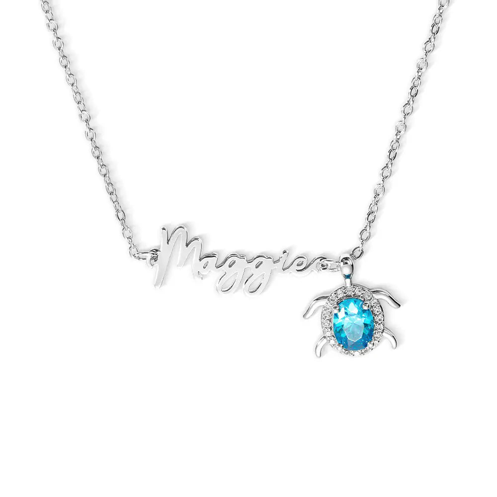 Custom Sideways Name Sea Turtle birthstone necklaces | Sterling Silver 925 turtle charm necklace