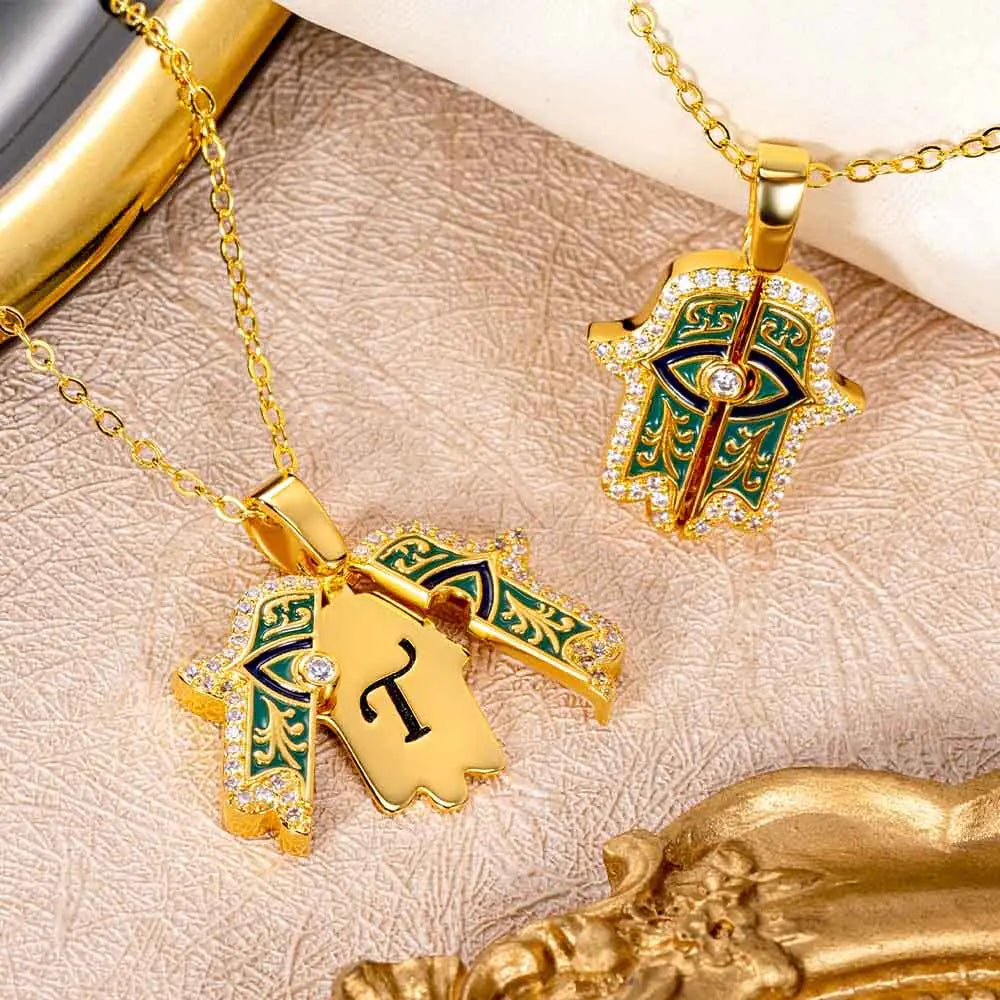 Custom initial Hamsa hand with Evil Eye necklace gold | Amulet for Protection & Good Luck