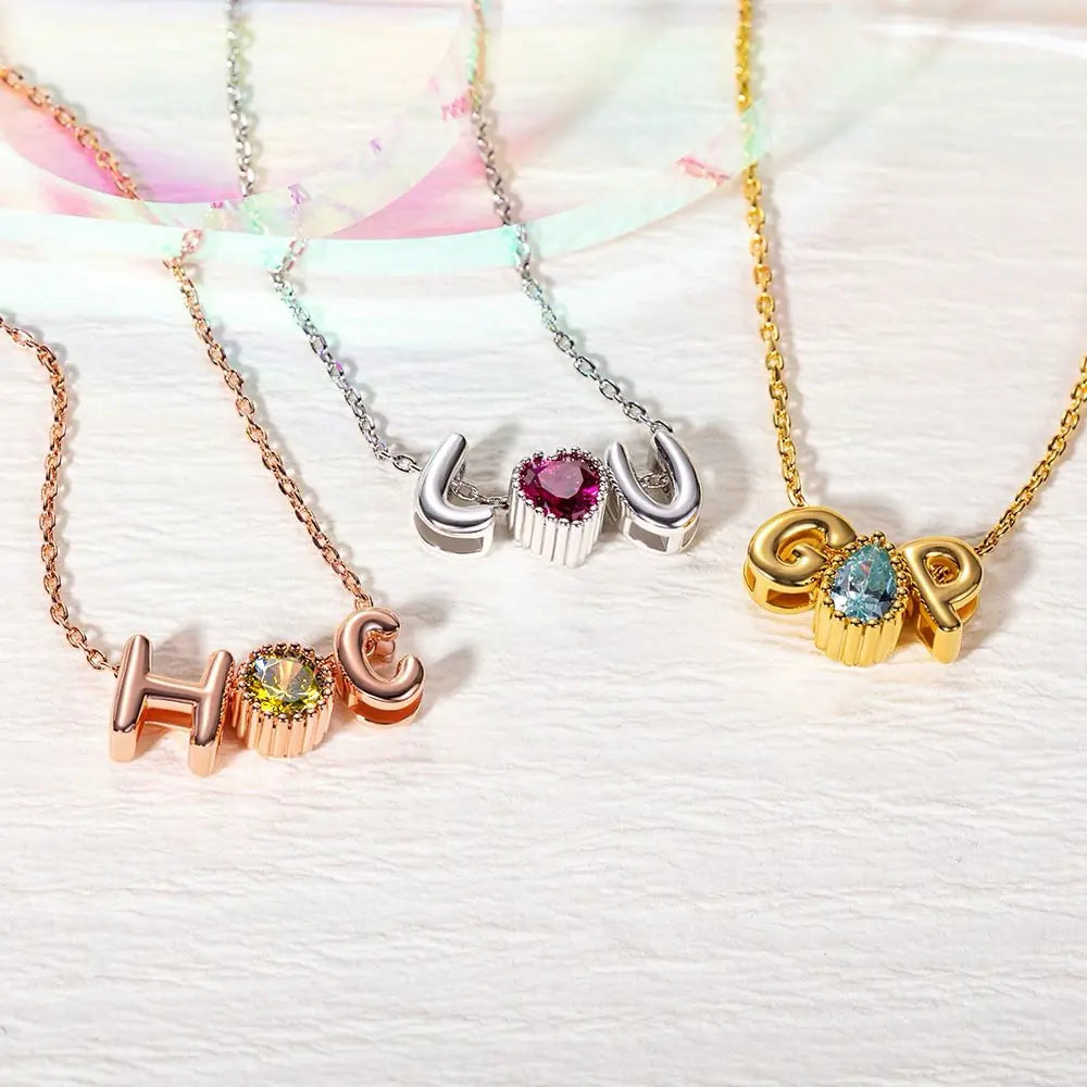 Custom two bubble letter necklace with birthstone | Mother's Day/Bridesmaid/Christmas/Valentine's Day Gift for Her