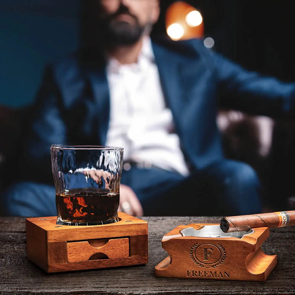 Custom Whiskey & Cigar Tray Glass Holder |Bachelor Party Gifts, Father's Day Gift, Birthday Gift for Him