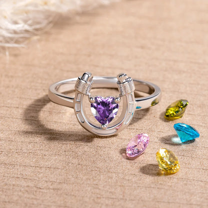 Custom Heart Birthstone Horseshoe Ring | Ladies Horseshoe Ring