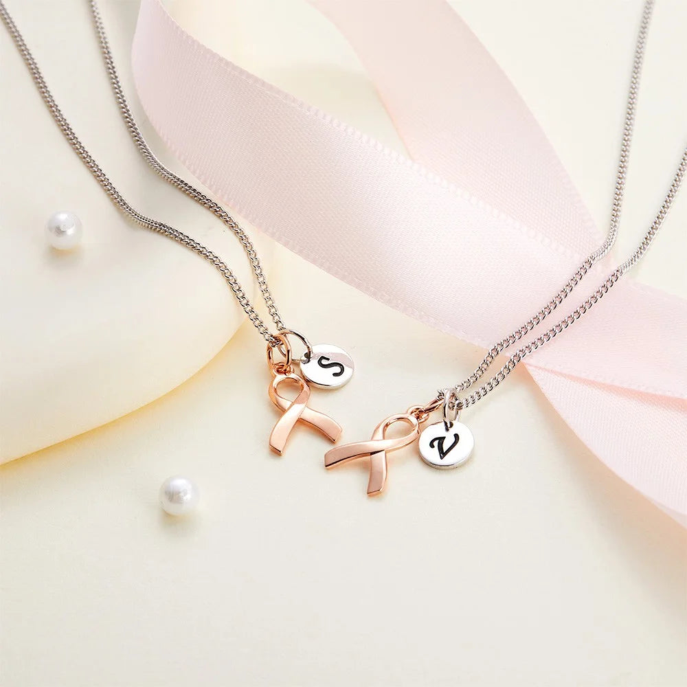 Personalized Sterling Silver Initial Breast Cancer Survivor| Breast Cancer Awareness Necklace | Cancer Gift