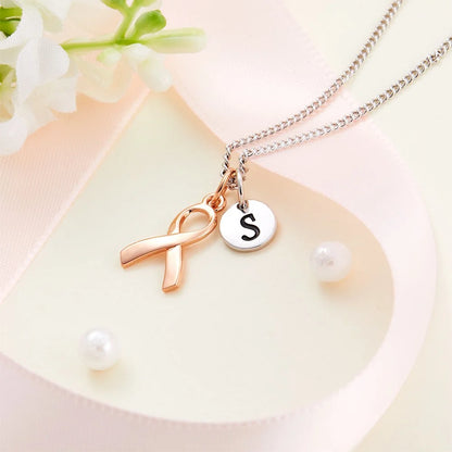 Personalized Sterling Silver Initial Breast Cancer Survivor| Breast Cancer Awareness Necklace | Cancer Gift