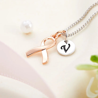 Personalized Sterling Silver Initial Breast Cancer Survivor| Breast Cancer Awareness Necklace | Cancer Gift