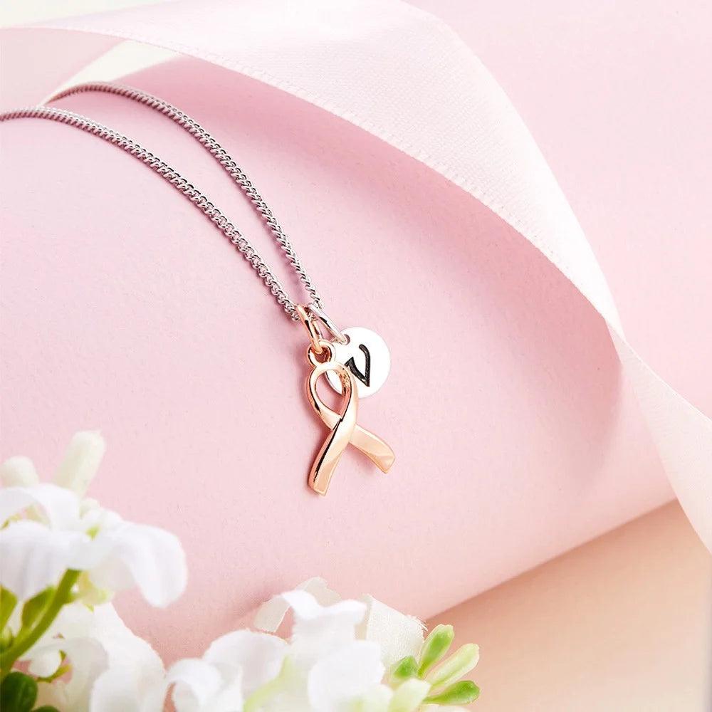 Personalized Sterling Silver Initial Breast Cancer Survivor| Breast Cancer Awareness Necklace | Cancer Gift