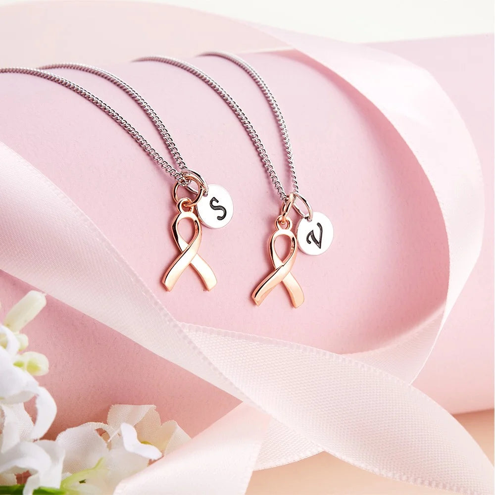 Personalized Sterling Silver Initial Breast Cancer Survivor| Breast Cancer Awareness Necklace | Cancer Gift