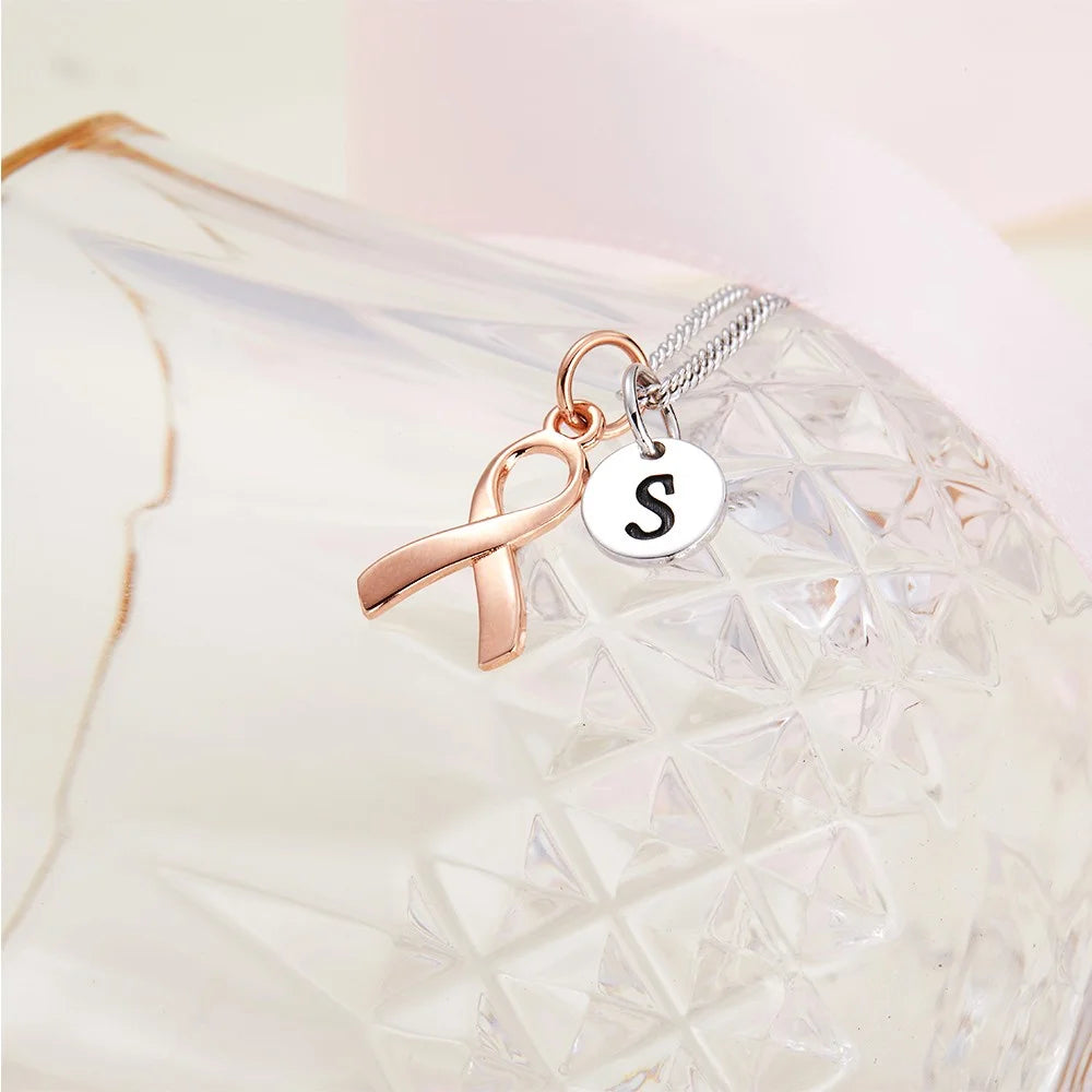 Personalized Sterling Silver Initial Breast Cancer Survivor| Breast Cancer Awareness Necklace | Cancer Gift