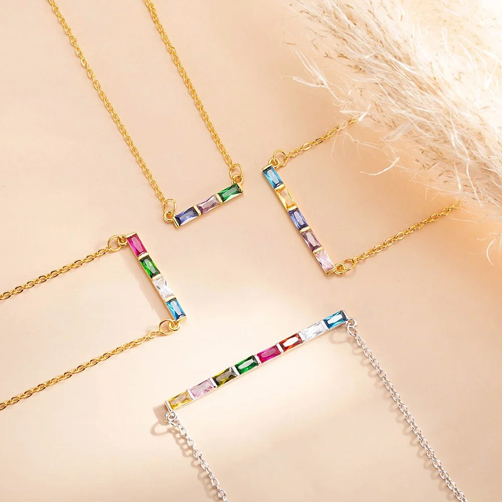 Family birthstone necklace | Personalized 1-8 Baguette Birthstones Dainty Pendant Necklace