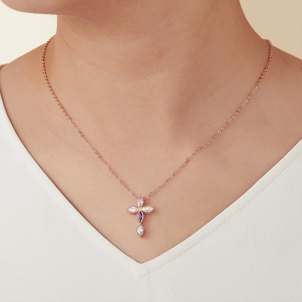 Custom Birthstone Cross Pendant Necklace | 5 Stone Birthstone Necklace