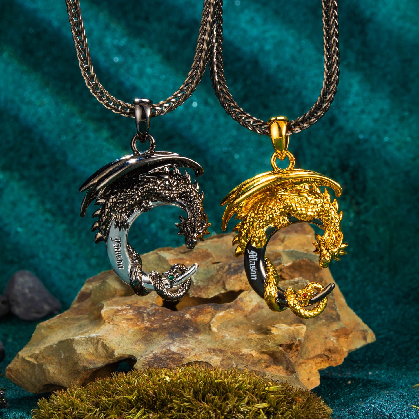 a pair of custom moon dragon pendant necklace