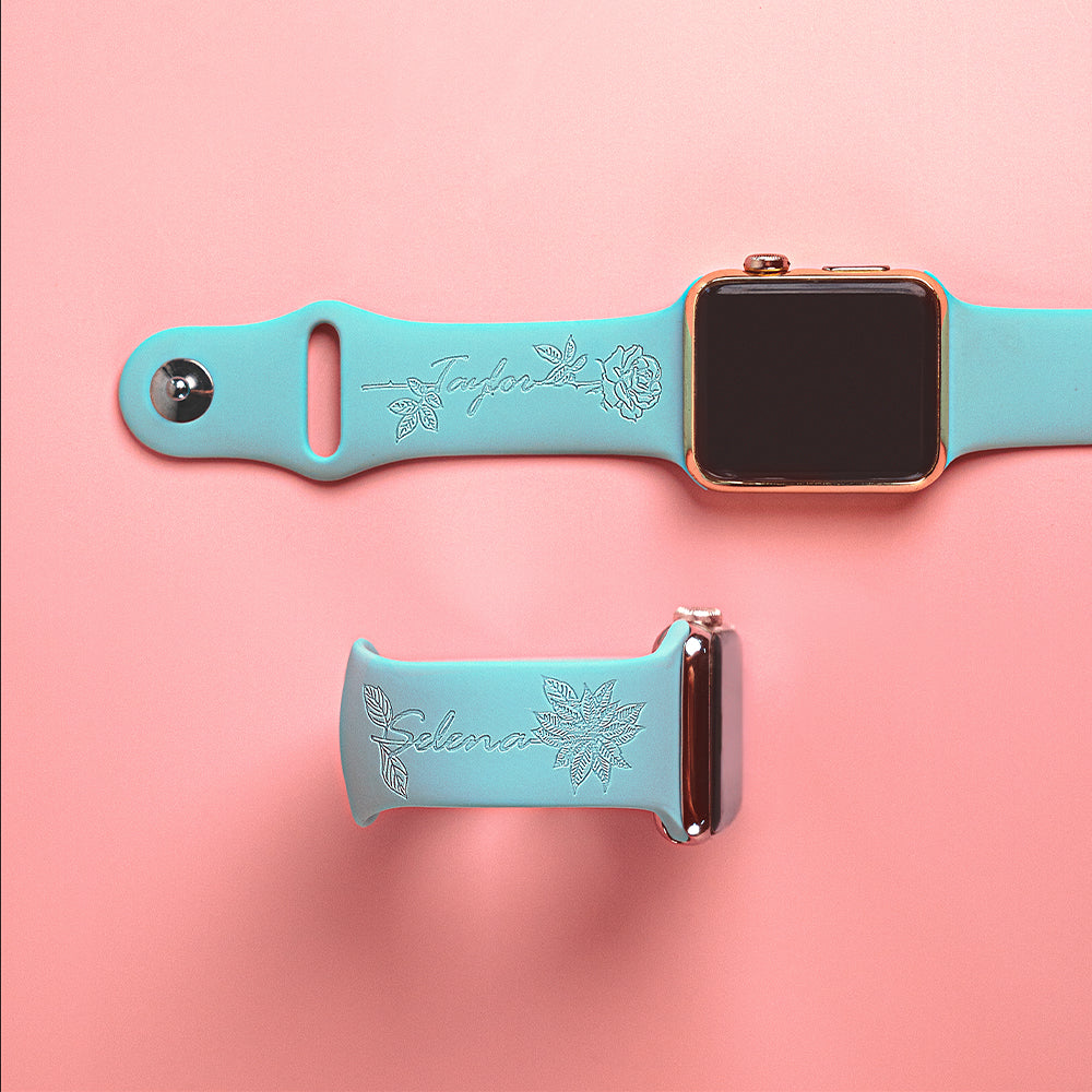 Personalized Birth Flower Name Silicone Watch Band for Apple Watch