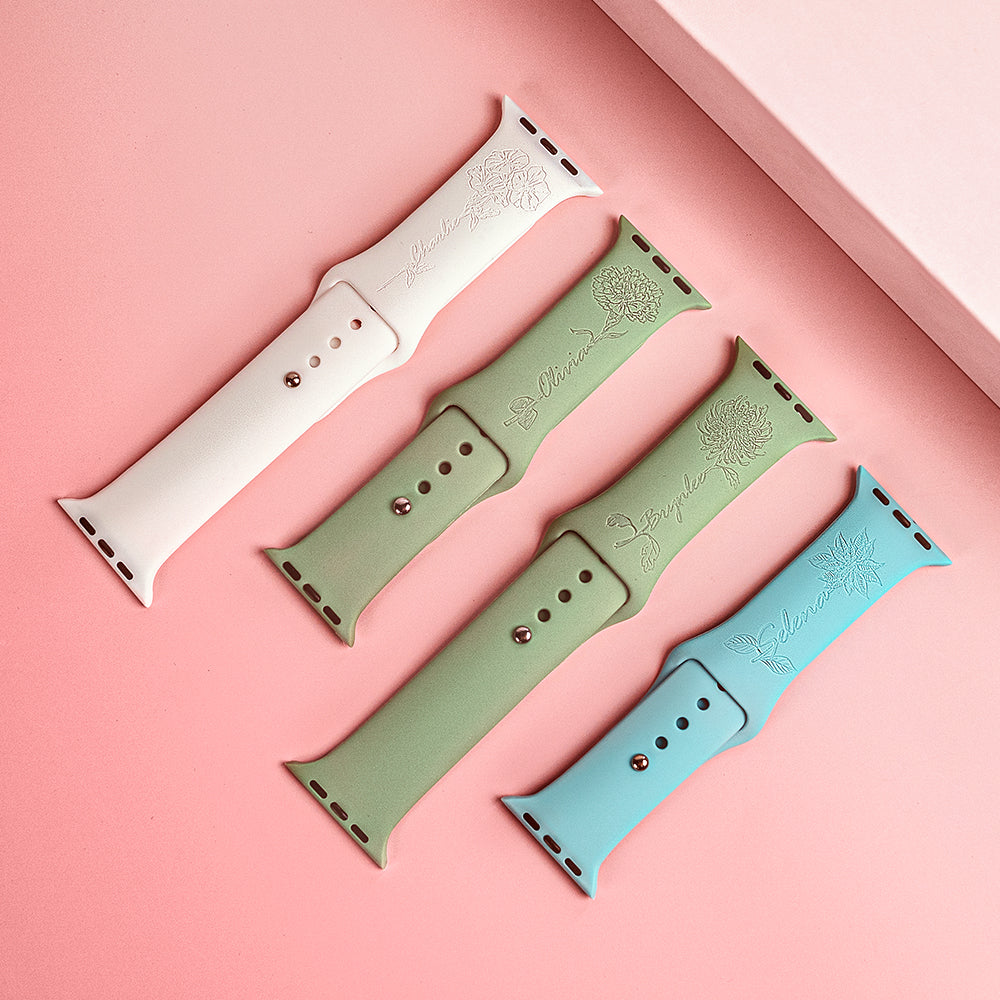 Personalized Birth Flower Name Silicone Watch Band for Apple Watch