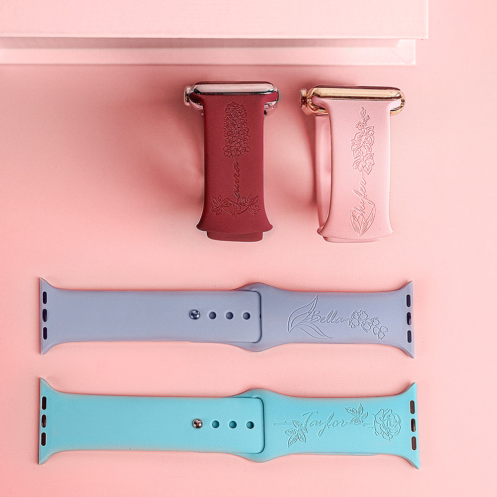 Personalized Birth Flower Name Silicone Watch Band for Apple Watch