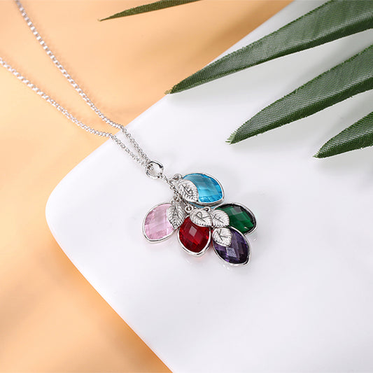 Personalized Family Symbol Leaves Birthstone with Engraved Name Necklace