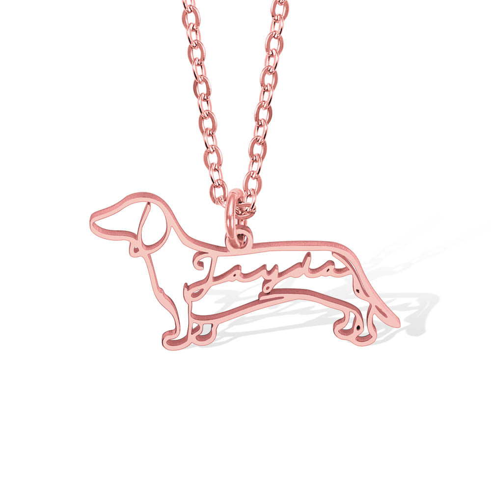 A custom red rose Dachshund outline pendant necklace with it's name Janda