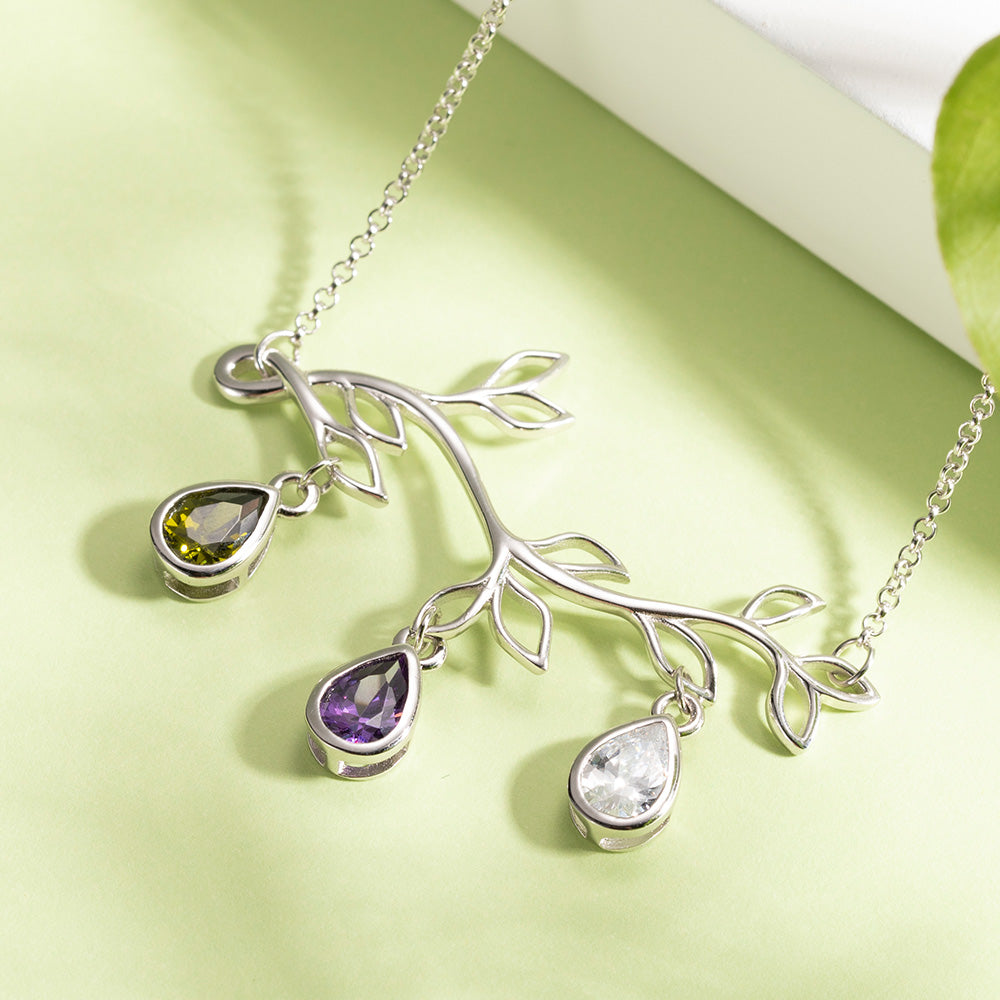 Family tree branch birthstone with engraved initial necklace