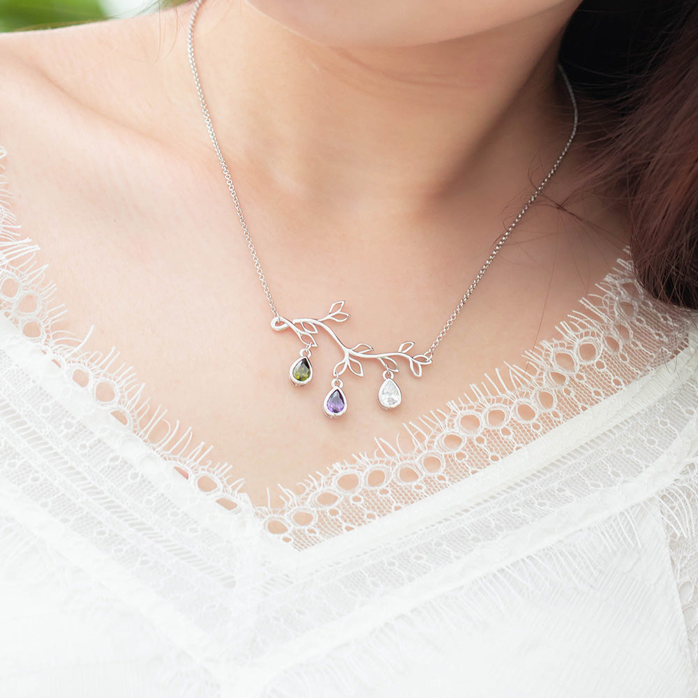 Family tree branch birthstone with engraved initial necklace