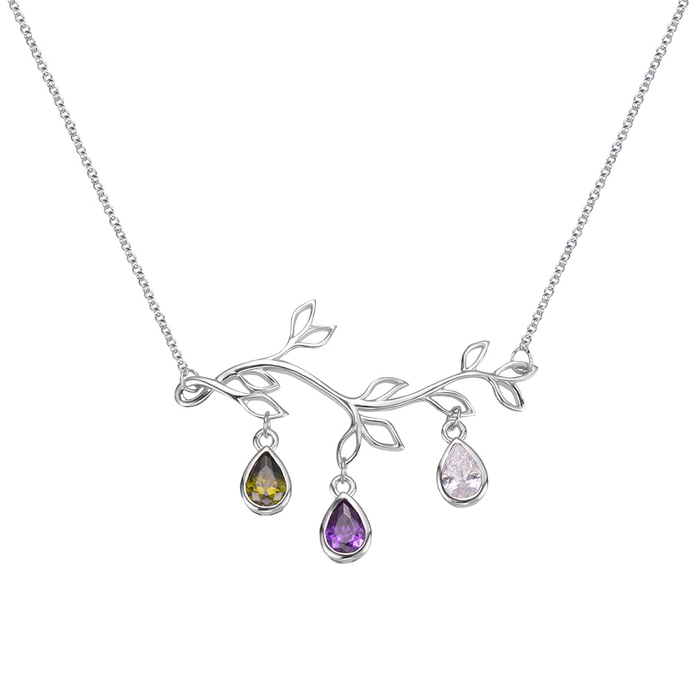 Family tree branch birthstone with engraved initial necklace