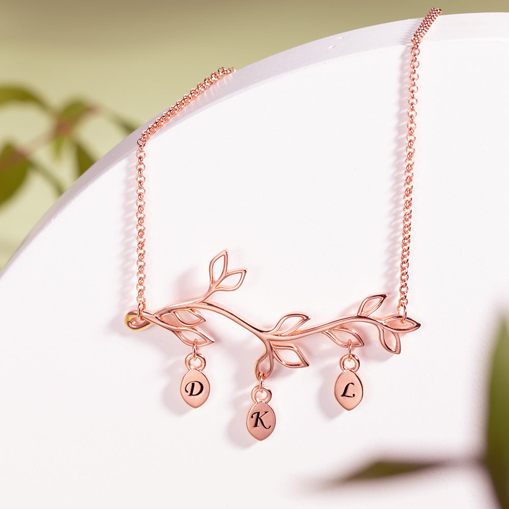 Family tree branch birthstone with engraved initial necklace