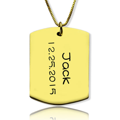 Dog Tag Pendant with Name and Birth Date Gold Plated Silver