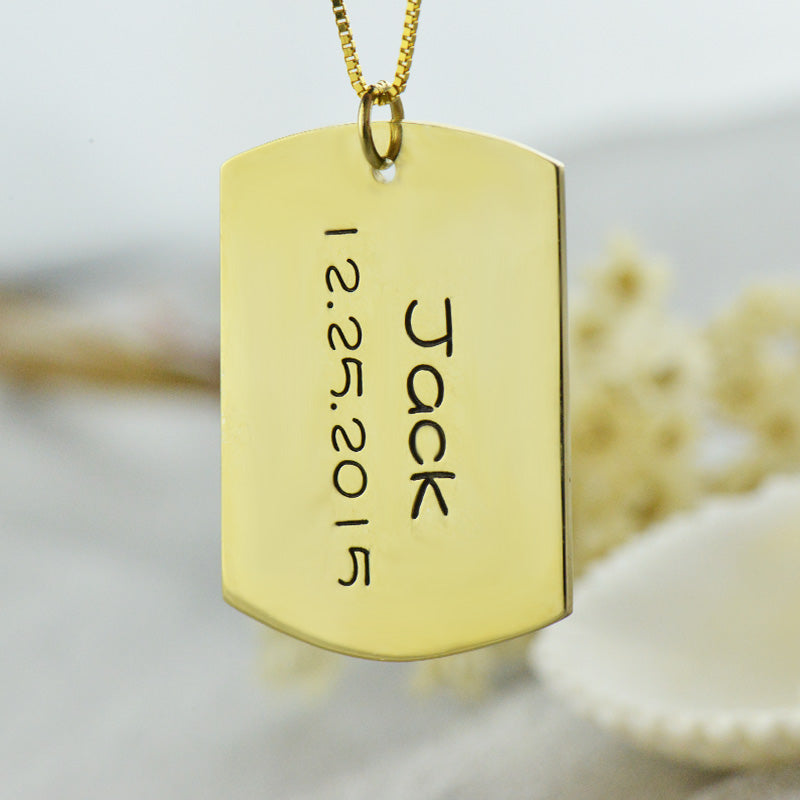 Dog Tag Pendant with Name and Birth Date Gold Plated Silver